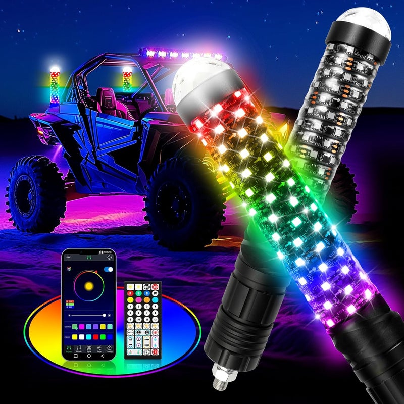 DEERMOTO 2PCS 1FT Fat Whip Light with Warning Light Spiral RGB LED Whip Lights with APP&Remote Control,Chasing Lighted Antenna Whips for UTV ATV Can-Am X3 RZR Can-Am Polaris Buggy Jeep Offroad (1ft) - Image 1